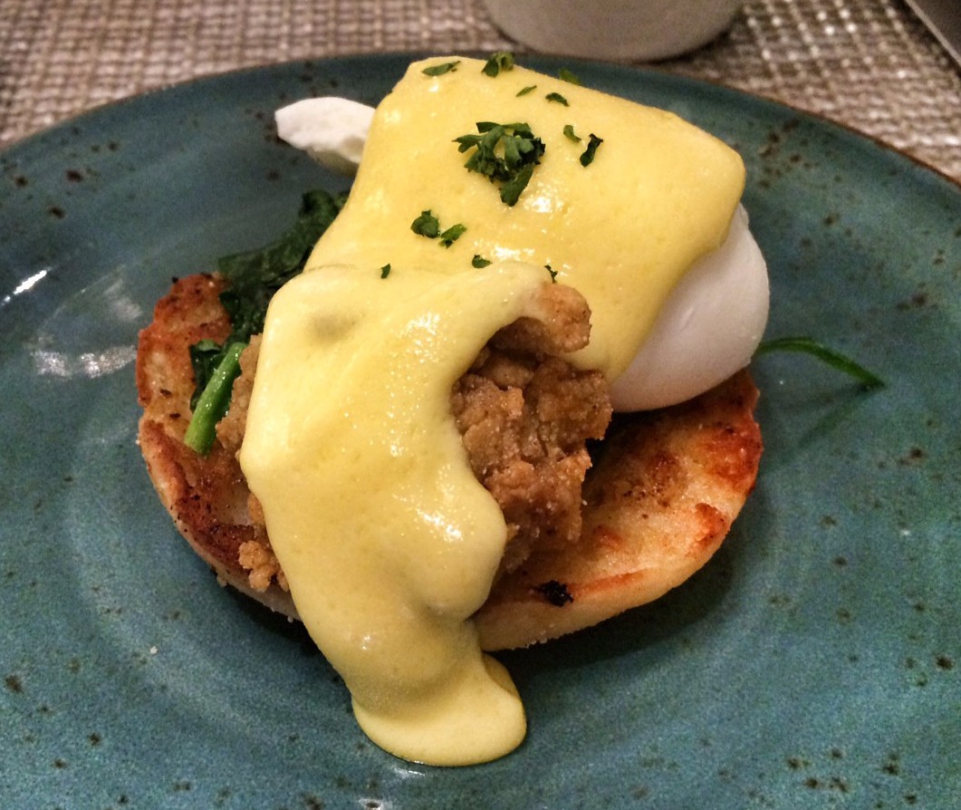 Oysters Eggs Benedict with Tasso Ham and Wholegrain Mustard Hollandaise Sauce